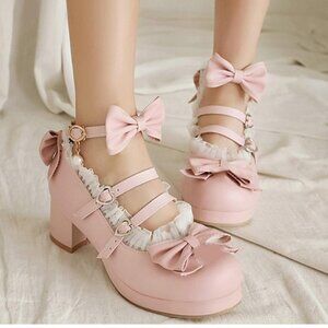 Jingpin Women Coquette Platform Mary Jane Chunky Heels Kawaii Size 43 US 10 Pink